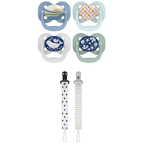 Dr. Brown's Advantage Glow-in-The-Dark Baby Pacifier, Fully Symmetrical, Blue Sunrise-Blue Ocean, 0-6m, 4 Pack + Dr. Brown's Pacifier Clips, Universal Fit, Dots and Stripes, 0-18 Months, 2-Pack