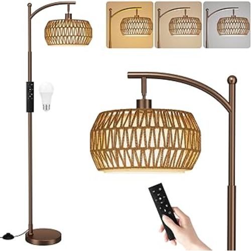 Ambimall Arc Floor Lamp for Living Room with Remote, Color Temperature & Brightness Adjustable, Bohemia Standing Lamp with Rattan & Fabric Double Drum Shades, Bulb Included(Brown)
