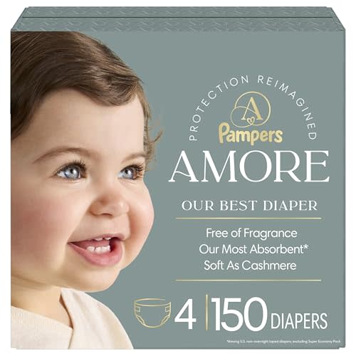 Pampers Amore, Size 4 (15-34 lbs), 150 Count, Our Best Diaper – Hypoallergenic & Fragrance Free, Up to 100% Leakproof, Soft as Cashmere