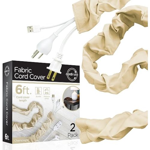 Cordinate Fabric Cord Cover 2 Pack, 6 Ft, Cable Management and Hider, Easy Installation, Great for Lamps, Light Fixtures, and Desks, Champagne, 48660