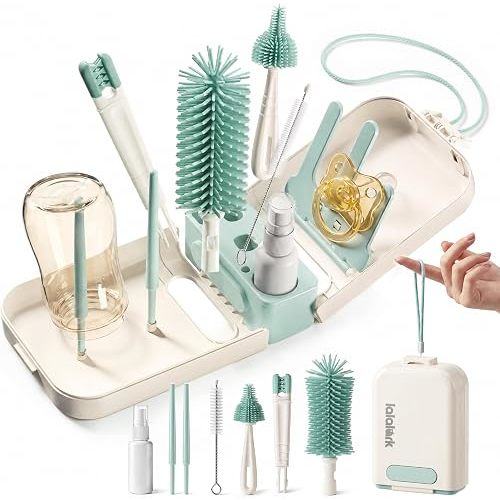 lalalark 7-in-1 Baby Bottle Brush Set, BPA Free Silicone Baby Bottle Cleaning Kit with No Scratch Dual-Headed Brush, Nipple Brush,Soap Dispenser & Drying Rack,Travel Cleaner Set with Storage Case,Mint