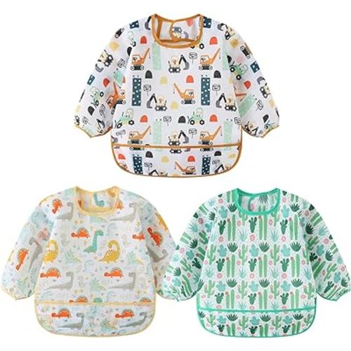3 Pcs Waterproof Long Sleeves Baby Bibs Weaning Smock Bib 3-24 Months