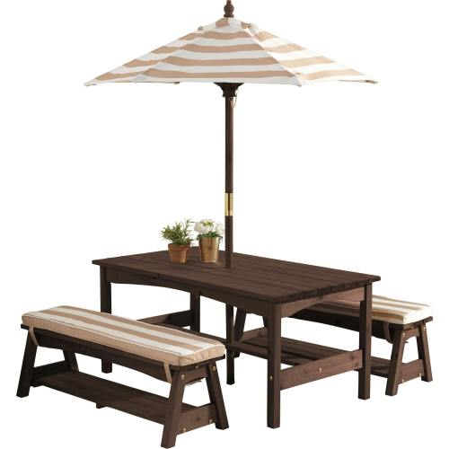 Outdoor Wooden Table & Bench with Cushions and Umbrella