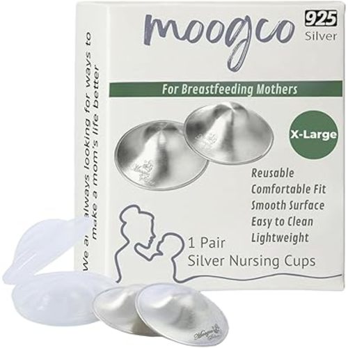 MOOGCO The Original Silver Nursing Cups - Nipple Shields for Nursing Newborn - Breastfeeding Essentials - Newborn Essentials Must Haves - Nipple Covers Breastfeeding - 925 Silver (X-Large)