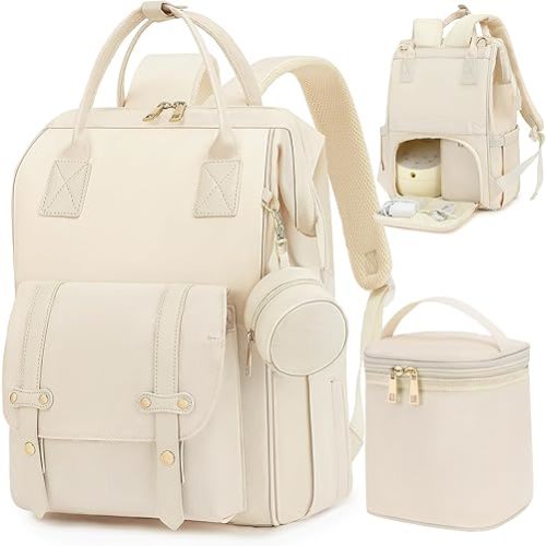 Breast Pump Bag Backpack with Cooler for Work Mom, Baby Diaper Bag with Pacifier Case, Trolley Sleeve for Travel, Baby Shower Gifts for Girl Boy, White