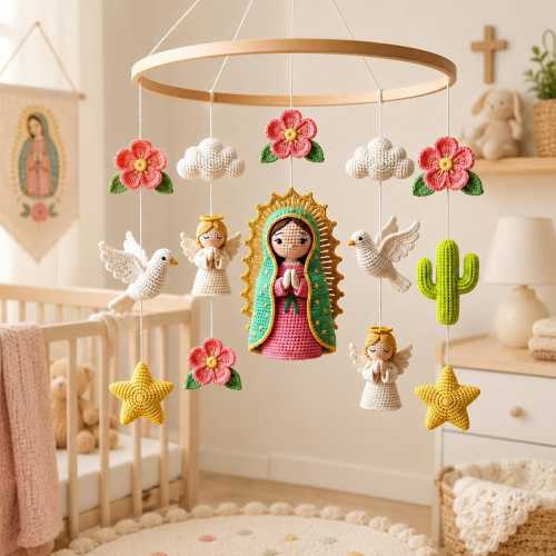 Our Lady of Guadalupe Crochet Baby Mobile, Catholic Nursery Mobile, Virgin Mary Crib Mobile, Religious Baby Gift, Handmade Nursery Decor