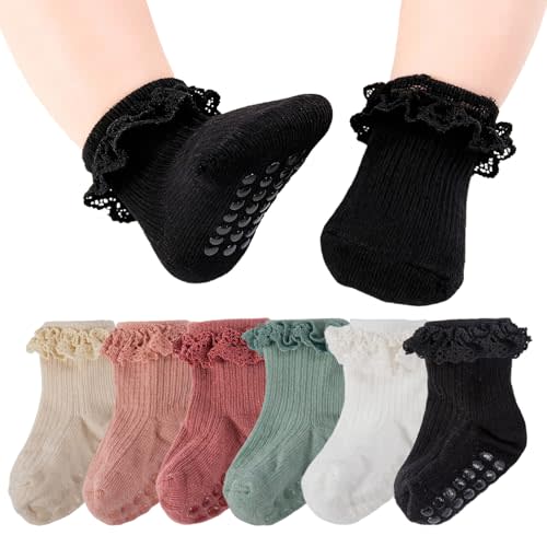 Dioxay Baby Toddler Girls Anti Slip Grip Socks Cute Frilly Ruffle Ankle Socks Soft Breathable Cotton Non Skid Newborn Infants