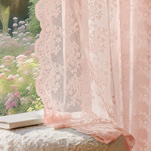 Anmao Vintage Lace Curtains 63 Inches Long 2 Panels Set, Romantic Elegant Light Filtering Semi Sheer Floral Thick Lacy Curtain Drapes for Living Room and Bedroom, Each Panel 55W x 63L, Blush Pink