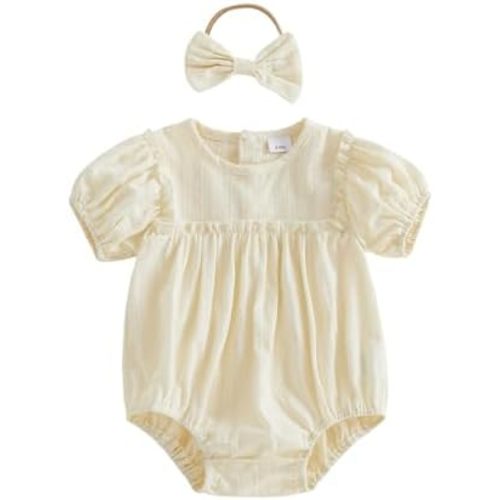 Douhoow Infant Baby Girl Summer Clothes Flying Sleeve Crew Neck Baby Girl Romper with Bow Headband