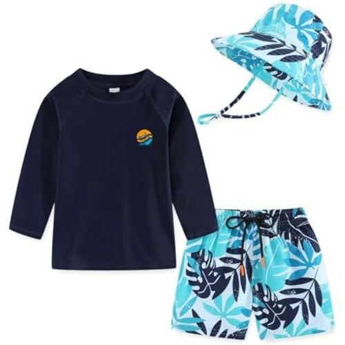 Toddlers Baby Boys' 3-Piece Swimsuit Trunk Rashguard Set and Sun Hat Swimwear Bathing Suit UPF 50+