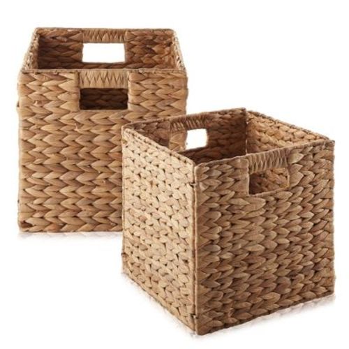 Casafield 10.5" x 10.5" Water Hyacinth Storage Baskets, Cinnamon - Set of 2 Collapsible Cubes, Woven Bin Organizers for Bathroom, Bedroom, Laundry