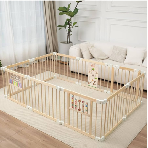 Foldable Wooden Baby Playpen Activity Center,Adjustable Size & Shape Portable Play Yard, Baby Fence Play Area with Gate for Indoor Use for Babies and Toddlers(84x56x24inches)