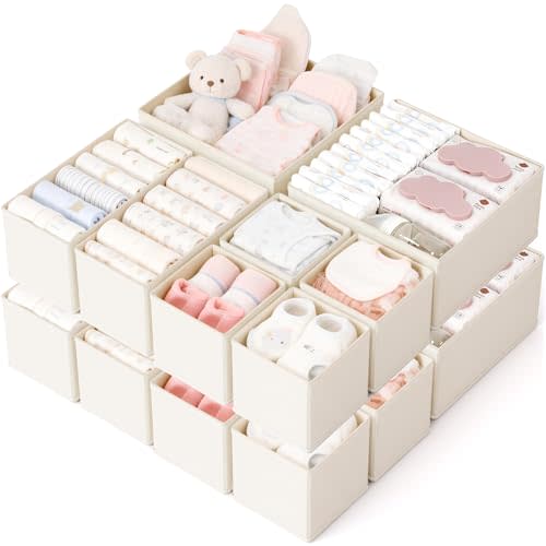 Stowsia Drawer Organizer, 16 Pack Baby Dresser Organizer for Nursery, Foldable Closet Organizers and Storage Dresser Dividers for Clothes, Socks, Scarves, Ties (Beige)