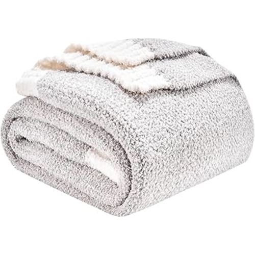 CozeCube Super Soft Fullfy Microfiber Reversible Knitted Blankets, Warm Cozy Fuzzy Plush Throw, Grey and White Melange Throw Blanket for Couch Bed Sofa, 60" x 80"