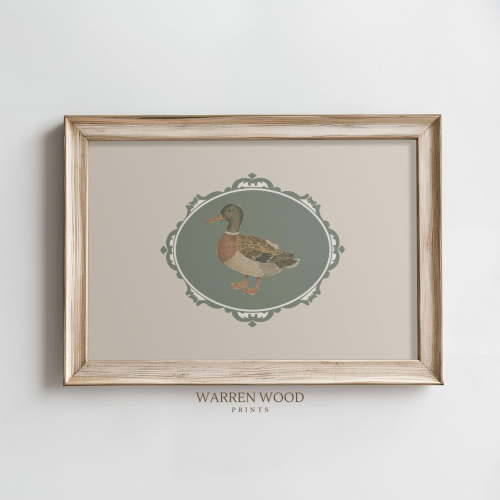 Vintage Duck Badge Print, Rustic Sage Green Wall Art, Country Cabin Decor, Neutral Landscape, Sage Green And Beige Print, Duck Art Home Decor UNFRAMED Poster, Wall Art for Decor, Present, 8x12