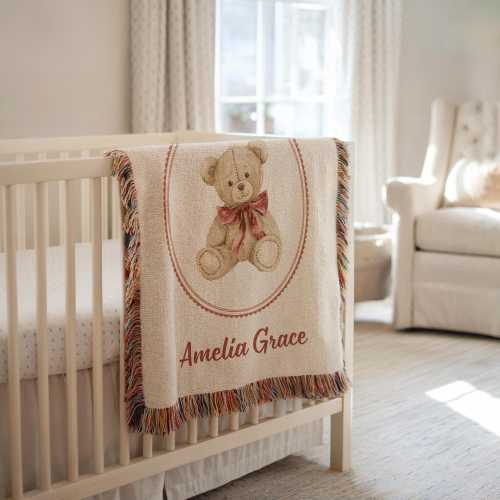 Personalized Teddy Bear Woven Blanket Coquette Bow Nursery Decor Custom Baby Name Vintage Bear Baby Shower Gift Custom Nursery Throw Blanket