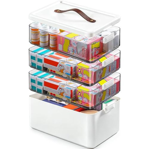 Extra Tall 4-Tier Medicine Cabinet Organizer for Medicine Bottles Organizer, Portable Medicine Storage Box with Leather Handle, Empty First Aid Kit Container for Home, Travel