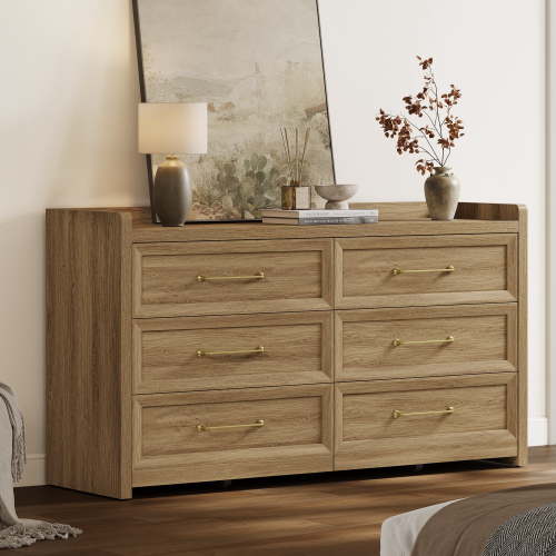 SICOTAS 56.4"W Farmhouse 6 Drawer Double Dresser, Long Chest of Drawers with Brass-tone Handles & Rolling Wheels, Wooden Dresser Storage Cabinet for Bedroom Living Room, Brown Oak