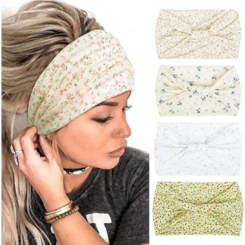 4 Packs Wide Headbands for Women Knotted Non Slip Fashion Cute Floral Printed Head Bands for Women’s Hair Large African Bandana Boho Hairbands Yoga Running Sports Workout Thick Turban Hair Accessories