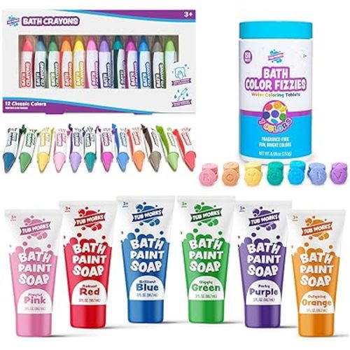 Tub Works® My Colorful Bath™ Kids Bath Set | Nontoxic | Fizzy Bath Color Tablets (150 Count), Smooth™ Bath Crayons (12 Pack) & Bath Paint Soap (6 Pack) | Creative Bath Toys for Toddlers & Kids