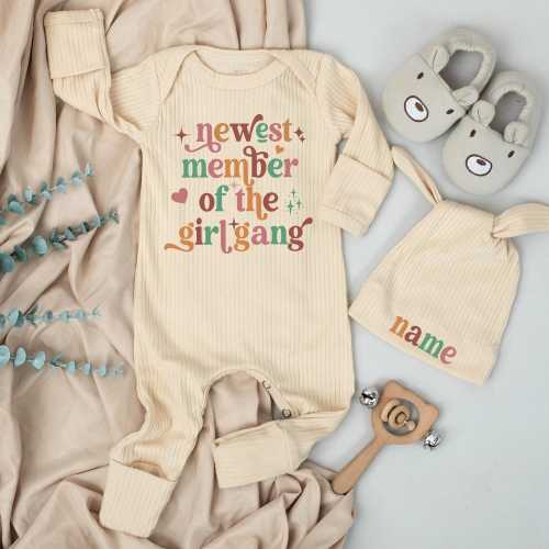 Newest Member of the Girl Gang Baby Bodysuit - Funny Baby Bodysuit and hat Newborn Set- Newborn Clothes Baby Shower Gift- coming home gift