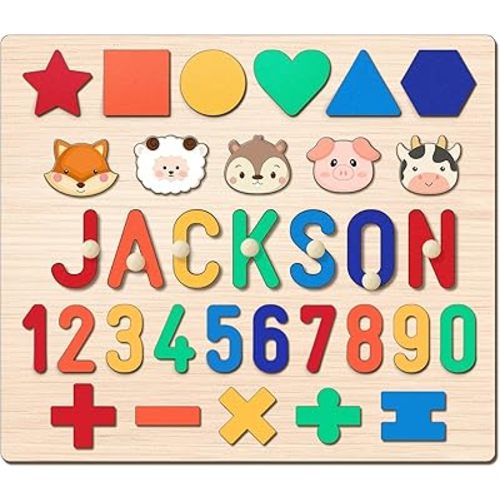 Personalized Name Puzzle for Toddlers 1-3 Wooden Alphabet Shape Number Blocks Personalized Baby Gifts 1st Birthday for Girls & Boys Preschool Educational Montesorri Toys for 1 Year Old 2 3 4 5