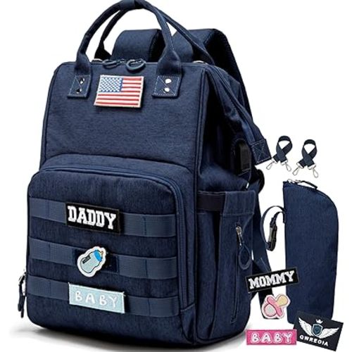 Diaper Bag Backpack for Dad and Mom with USB Charging Port Stroller Straps and Insulated Pocket,army military Travel Nappy Backpack for Daddy/Mommy (Navy)