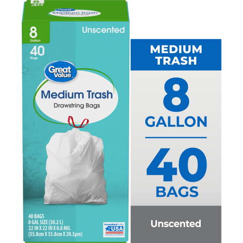 Great Value Drawstring Trash Bags, 8 Gallon, Medium Size, Durable, 40 Count