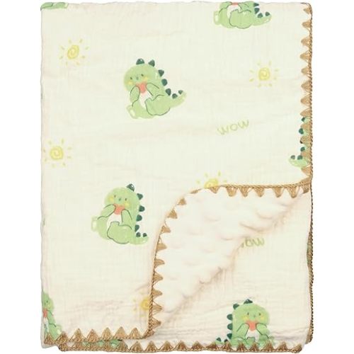 Baby Blanket 40x40 Inches,Muslin Cotton and Minky Dotted Double Layer Soft Receiving Blanket for Newborn Toddler,Dinosaur