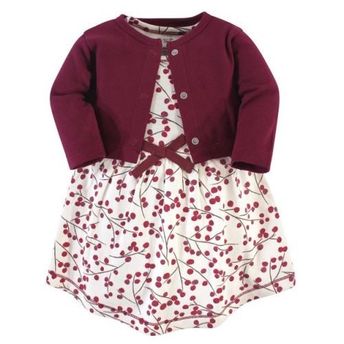 Touched by Nature Baby and Toddler Girl Organic Cotton Dress and Cardigan 2pc Set, Berry Branch, 6-9 Months