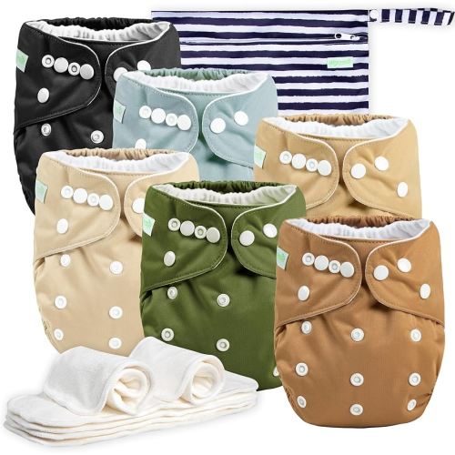 wegreeco Cloth Diapers 6 Pack with 6 Inserts & 1 Wet Bag, Washable Cloth Diapers for Babies, One Size Adjustable Reusable (Warm Colour)