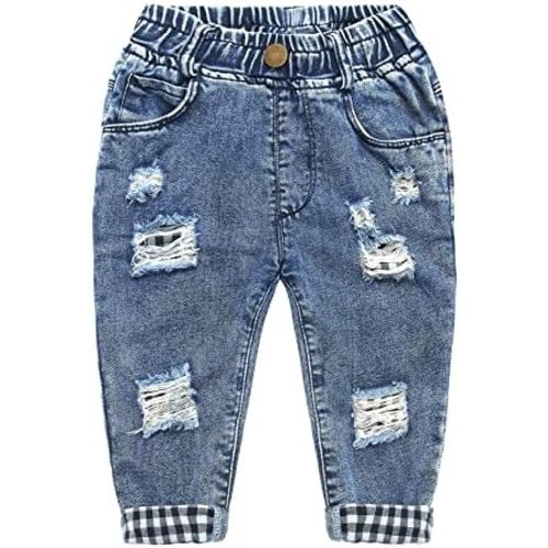 KIDSCOOL SPACE Baby & Little Girls Ruffled Elastic Waist Colorful Button Decor Vertical Pocket Jeans