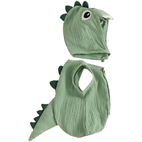 Baby Boy Linen Cotton Bodysuit Sleeveless Button Down Basic Romper Shirt with Dinosaur Hat 2Pcs Newborn Layette Set