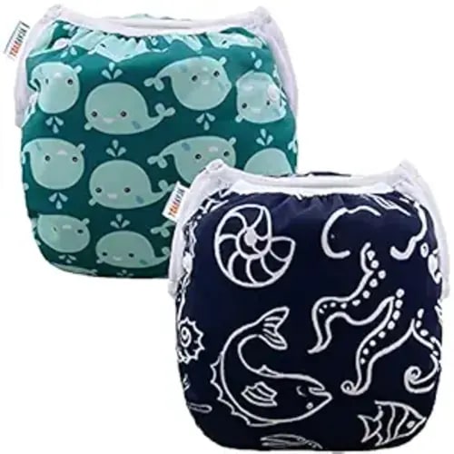 ALVABABY Swim Diapers 2pcs Reusable Baby Boy Swim Diaper 0-8 Months Adjustable Snap Washable Infant Toddler Swimming Diaper for Pool Beach & Swim Lessons – Waterproof PUL Leak-Proof UPF 30+ Small Size