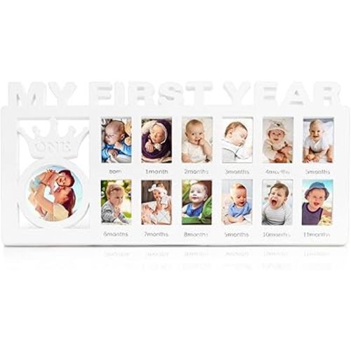 Eorbow Newborn Baby Picture Frame, 15" x 7.3" My First Year Frame, Plastic 12 Month Babies Photo Frame, Monthly Milestone Keepsake for New Mom Gift Baby Shower, 13 Photo Inserts