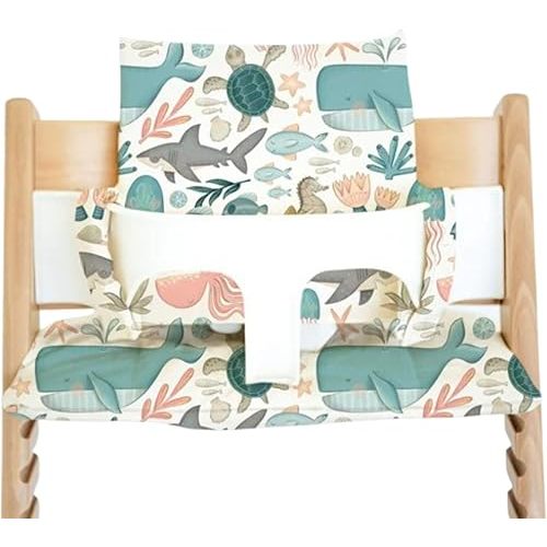 Cushion for Stokke Tripp Trapp High Chairs, Soft Padded Seat & Backrest, Baby Set Compatible, Wipeable, Machine Washable, Easy to Clean, Stylish Print (Under The Sea)