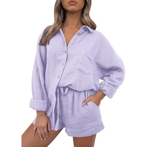 AUTOMET 2 Piece Sets For Women Lounge Wear Matching Two Piece Pajama Fashion Oversized Shirts And Shorts Spring Outfit 2025