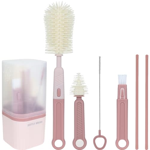 Silicone Baby Bottle Brush Set, Includes Baby Bottle Brush, Nipple Brush, Straw Brush, Spout Brush, Drying Rack and Storage Box, Portable and Travel-Friendly (Round - Pink)