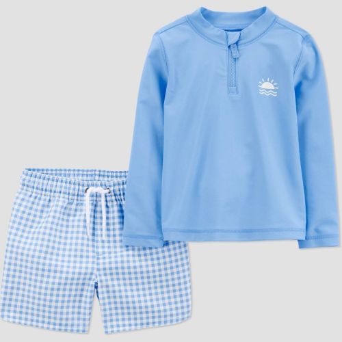 Carter's Just One You® Toddler Boys' Long Sleeve Gingham 2PC Rash Guard & Swim Trunk Set - Blue 12M