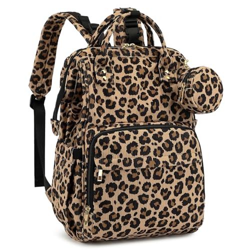 Corduroy Diaper Bag Backpack, Large Capacity Multifunction Baby Diaper Bags for Women, Insulated Bottle Pockets & Pacifier Case, Stylish Travel Nappy Changing Bags for Mom Dad (Leopard Brown)