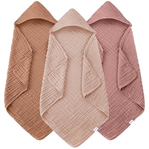 Muslin Hooded Baby Bath Towels - 3 Pack 100% Cotton Ultra-Soft Towels for Newborns, Infants, Toddlers - 32x32 Inch - Highly Absorbent, Quick-Dry Essentials for Bath, Beach, Pool, Bean Paste Series