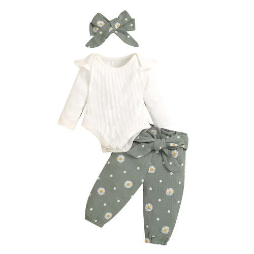 Bagilaanoe 3pcs Newborn Baby Girls Long Pants Set 6M 9M 12M 18M 24M Long Sleeve Ribbed Snap Romper Tops Floral Trousers with Belt Headband