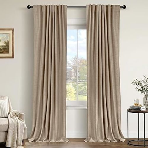 100% Blackout Shield Brown Linen Blackout Curtains for Bedroom 84 Inches Long, Back Tab/Rod Pocket Living Room Drapes, Thermal Insulated Blackout Curtains 2 Panels Set, 50" W x 84" L,Copper Brown