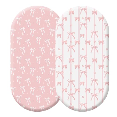 Oudain 2 Pack Baby Bassinet Sheets Girls 32'' x 16" Stretchable Soft Crib Sheets Cradle Bed Set Fitted Cover for Oval Rectangle Hourglass Mattress Infant Nursery Toddler Room Decor(Pink Double Bow)