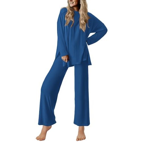 Ekouaer Lounge Sets for Women Long Sleeve Pajamas Fall Loungewear | Soft Comfy Pjs,Two Piece Travel Airport Outfits Set,Lightweight Sleepwear,Side Slit Loose Fit Top&Wide Leg Pants with Pockets