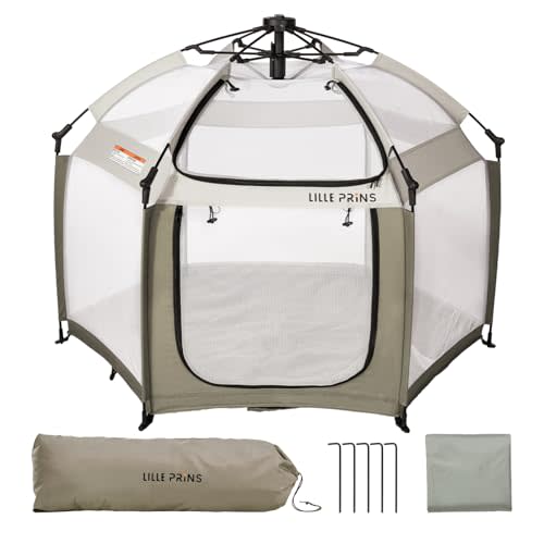 LILLEPRINS EasyPop Outdoor Playpen with Canopy for Babies, 1 Second Baby Pop up Tent, Beach Tent, Travel Playpen for Baby with Travel Bag, UPF50+ Cover, Mosquito Net (Beige)