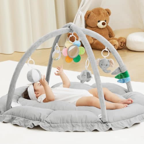 ANGELBLISS Baby Play Gym Mat, Reversible Tummy Time Mat with 6 Sensory Toys for Stage-Based Developmental, Thick & Large Baby Activity Center from Newborn to Toddler (Grey)