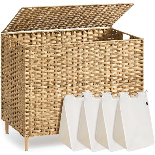 SONGMICS 4-SectionLaundry Hamper With Lid, PE Rattan, 55.5 Gallons (210 L)