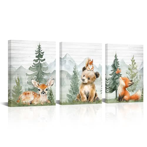 DuoBaorom Woodland Nursery Decor Forest Wall Art Wildlife Animal Canvas Print 3-Piece Set 12"x16"