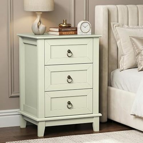 RoyalCraft Painted Nightstand with 3 Drawers, Tall Bedside Table with Vintage Brass Ring Pulls, Farmhouse Wood End Table for Bedroom, Light Green